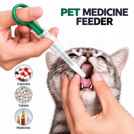 Owner using the green pet pill dispenser syringe to give a cat a pill, with capsule, tablet and liquid medicine icons.