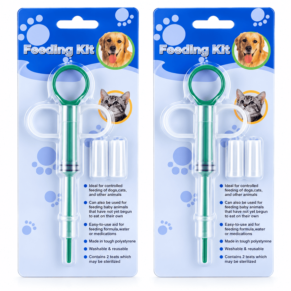 Green pet pill dispenser syringe 2 pack in feeding kit blister cards with spare silicone tips.