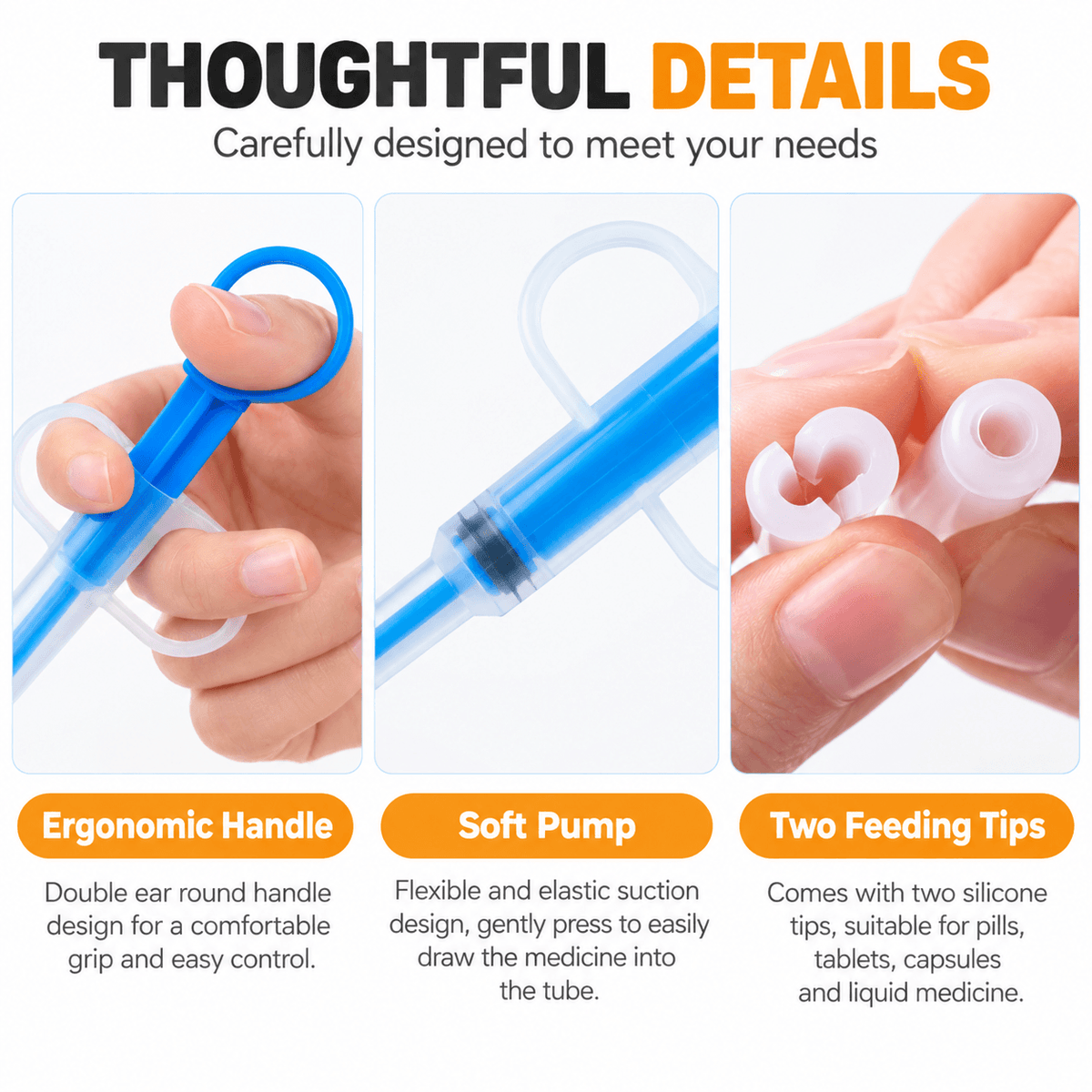 Details of the blue pet pill dispenser syringe: ergonomic finger-loop handle, soft pump and two feeding tips.