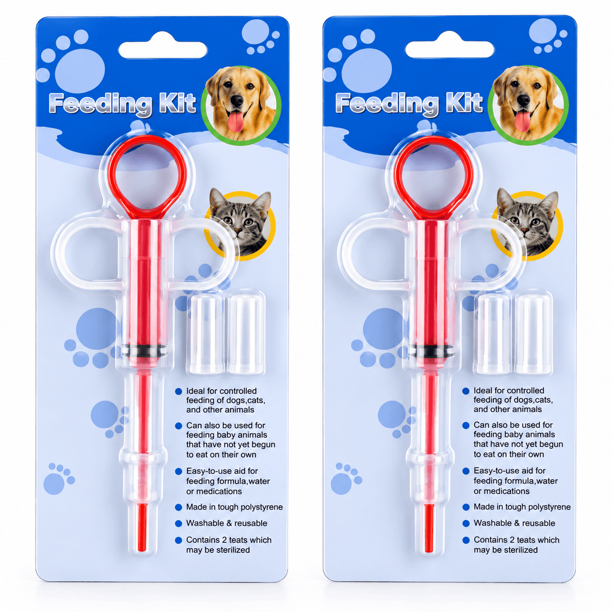 Red pet pill dispenser syringe 2 pack in feeding kit blister cards with spare silicone tips.