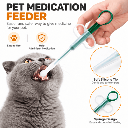 Gray cat taking medicine from the pet pill dispenser syringe, with close-ups of the soft silicone tip and syringe design.