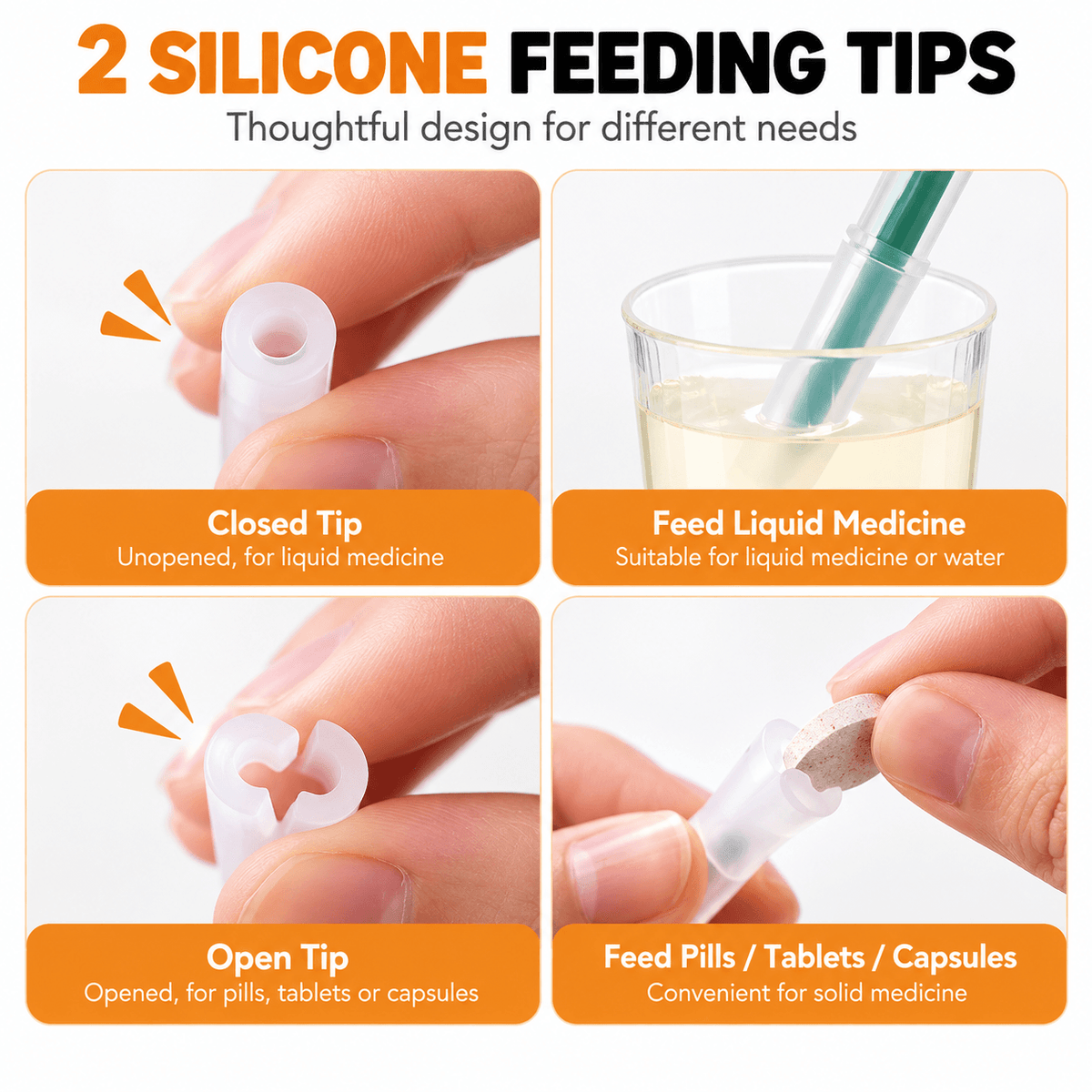 The two silicone tips of the pet pill dispenser syringe: a closed tip for liquid medicine and an open tip for pills and capsules.