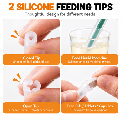 The two silicone tips of the pet pill dispenser syringe: a closed tip for liquid medicine and an open tip for pills and capsules.