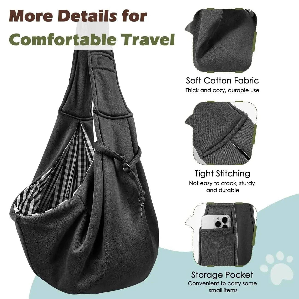 Detail panel showing the soft thick cotton fabric, the tight stitching at the seams, and the front storage pocket holding a phone
