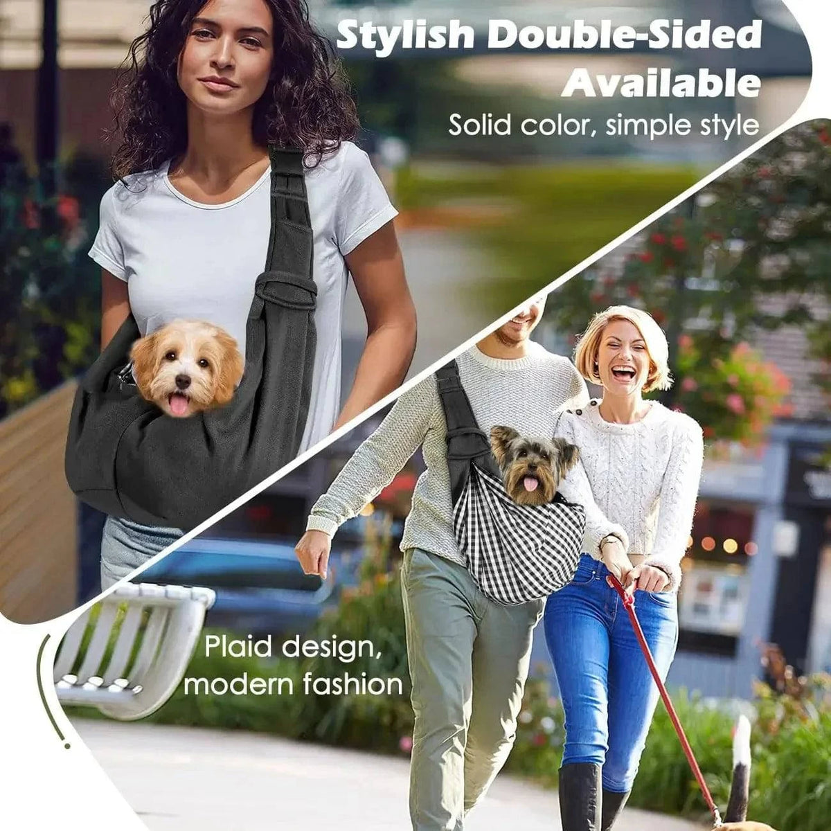 Stylish double-sided panel showing the sling worn solid black on one side and turned inside out to the black and white plaid side on the other