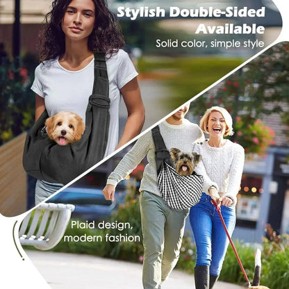 Stylish double-sided panel showing the sling worn solid black on one side and turned inside out to the black and white plaid side on the other