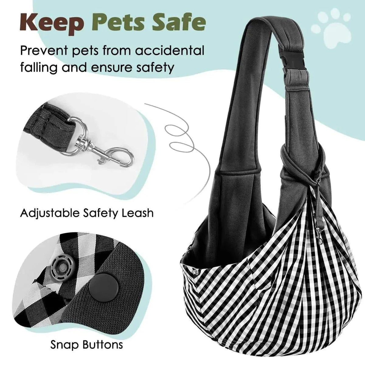 Keep pets safe panel showing the adjustable safety leash with its metal clip and the snap buttons that close the sling opening, beside the carrier with its black and white check lining