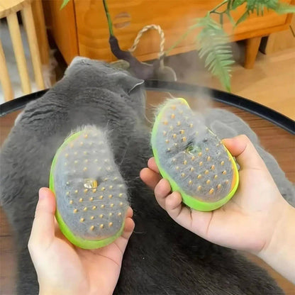 Two views of the pet steam brush head held over a gray cat, one showing collected fur on the silicone teeth.