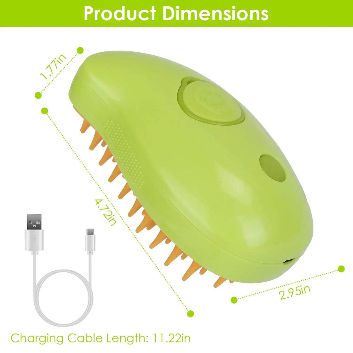 Pet steam brush with dimensions of 4.72 by 2.95 by 1.77 inches and its 11.22 inch USB charging cable.