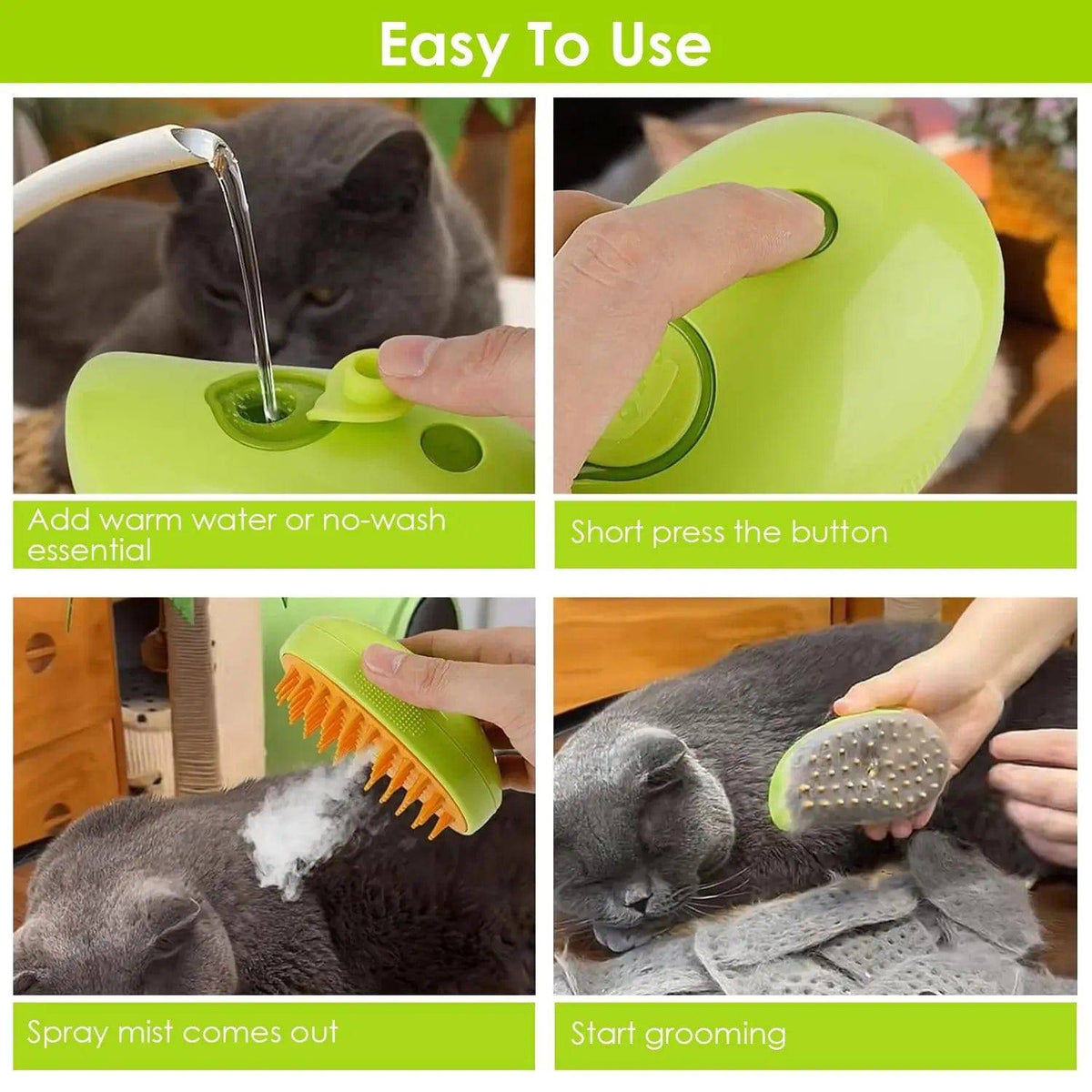 Four-step guide for the pet steam brush: add warm water, press the button, the mist sprays out, start grooming a gray cat.