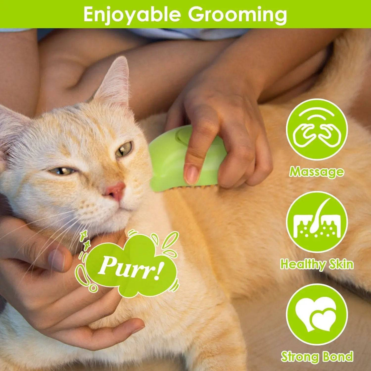 Orange cat being groomed with the green pet steam brush, with massage and strong bond icons.