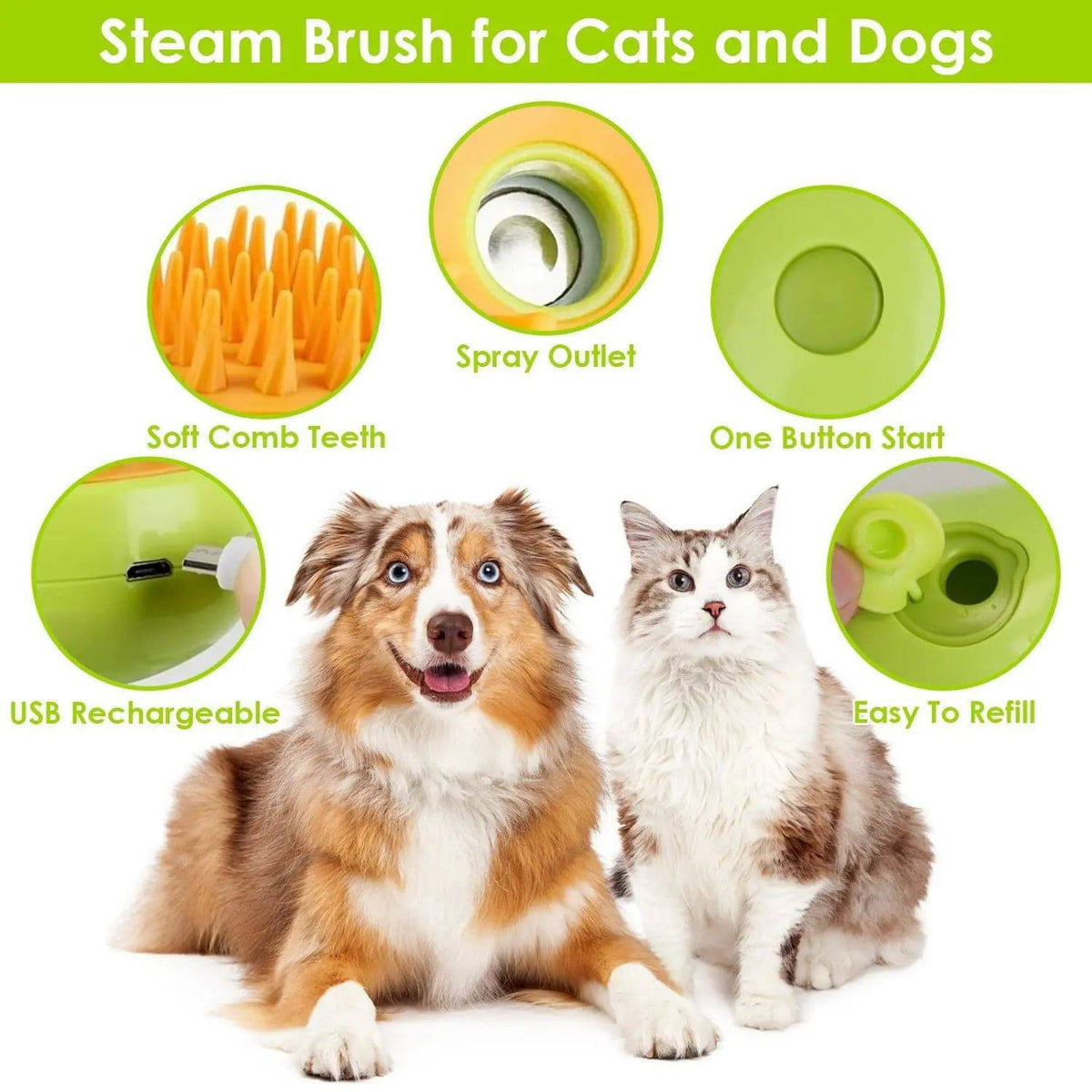 Feature panel for the pet steam brush: soft comb teeth, spray outlet, one-button start, USB rechargeable, easy to refill, with a dog and a cat.
