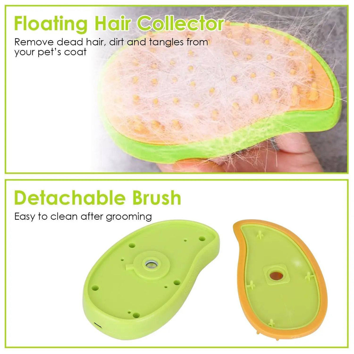 Pet steam brush head covered in loose fur, and the detachable brush head separated from the green body for cleaning.