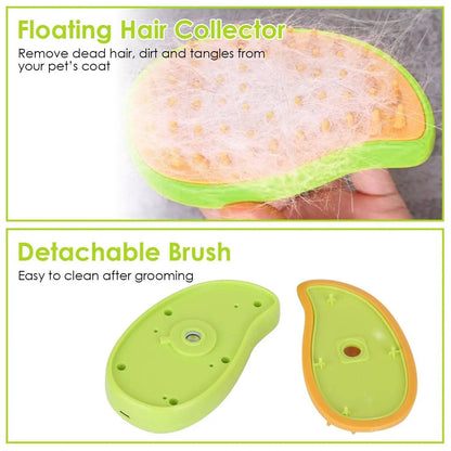 Pet steam brush head covered in loose fur, and the detachable brush head separated from the green body for cleaning.