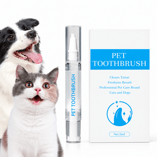 Pet toothbrush pen with built in toothpaste standing beside its box, with a happy dog and cat behind it.