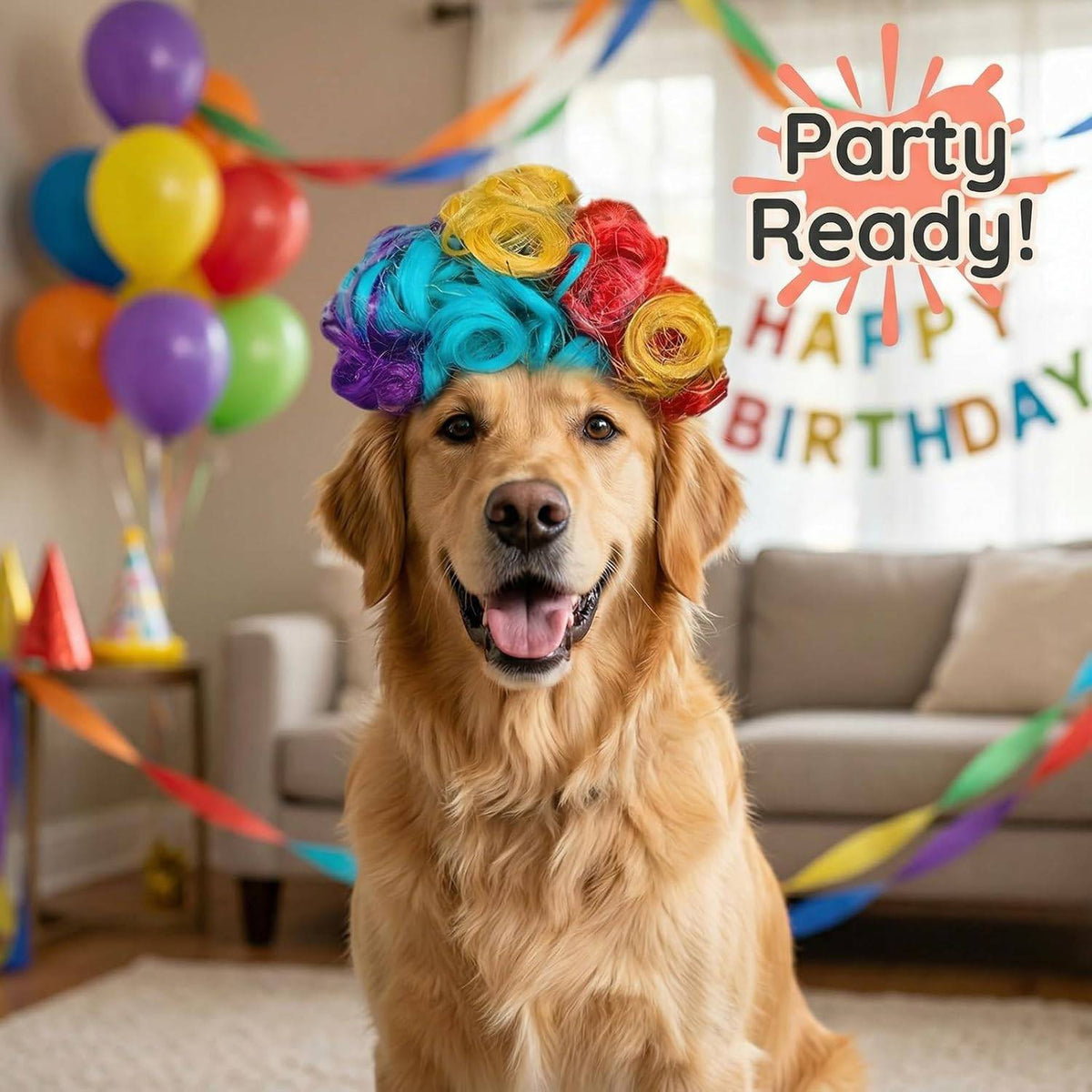 Golden retriever wearing a flower crown wig from the Noblias pet wig set at a birthday party with balloons and streamers.