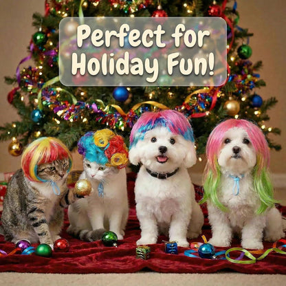 Cats and dogs in wigs from the Noblias pet wig set posing in front of a decorated Christmas tree with baubles.