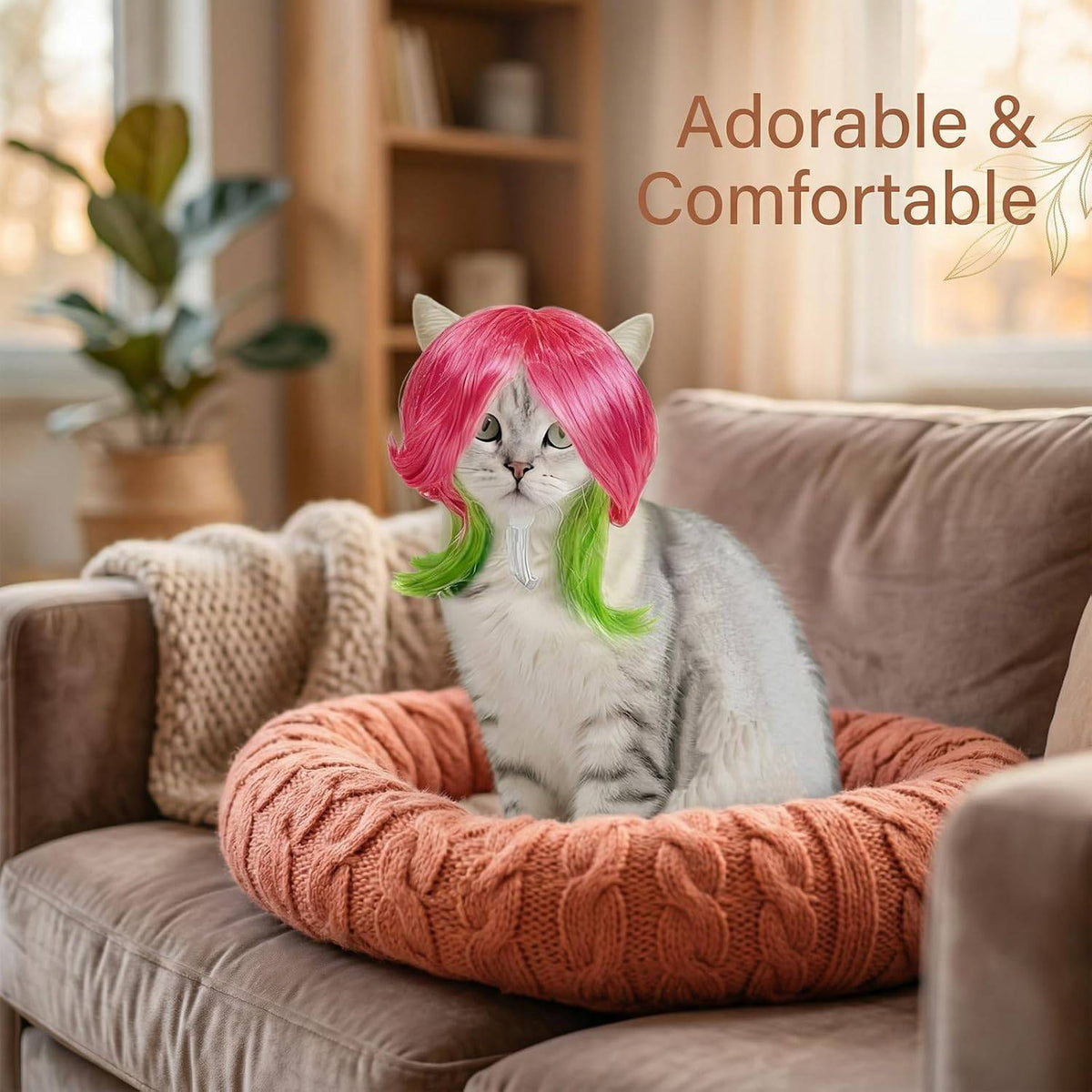 Tabby cat resting on a sofa cushion wearing a pink and green wig from the Noblias pet wig set.