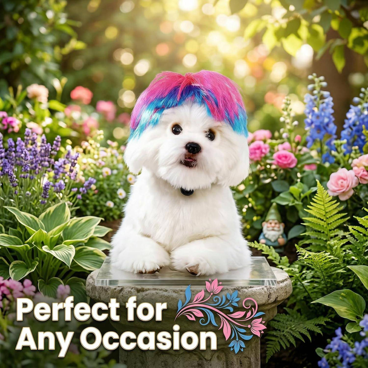 Bichon wearing a pink and blue wig from the Noblias pet wig set, photographed among flowers in a garden.