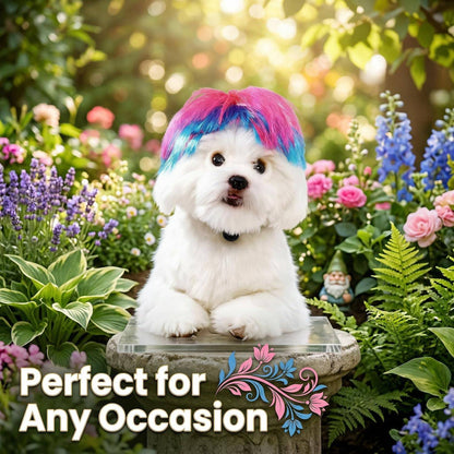 Bichon wearing a pink and blue wig from the Noblias pet wig set, photographed among flowers in a garden.