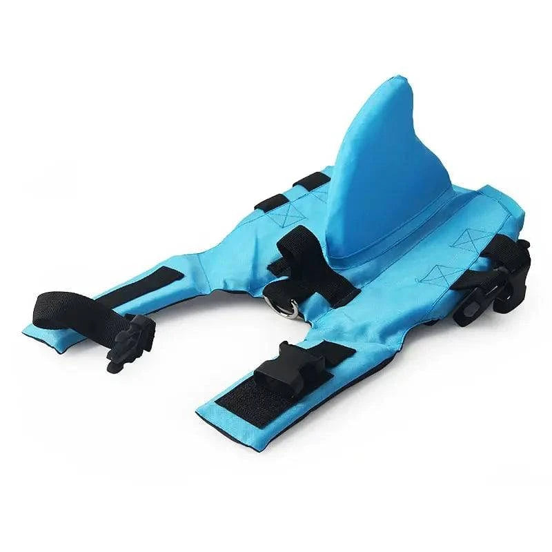 Blue dog swim vest by Noblias, shark design life jacket for safe swimming, suitable for small pets, lightweight and secure fit.