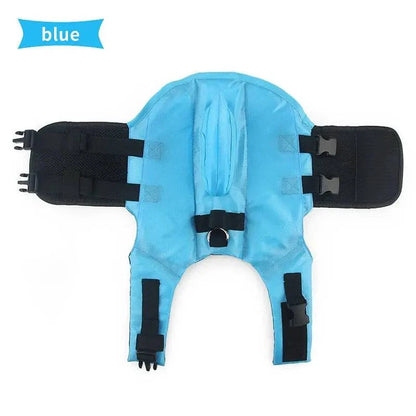 Blue Noblias dog swim vest with shark design, XS size, providing safety and buoyancy for pets during swimming.