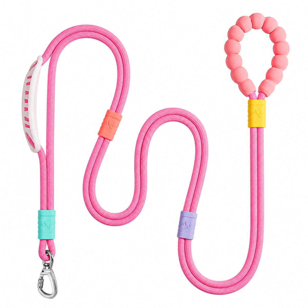 The pink Noblias hands free dog leash laid out, showing the silicone beaded loop handle and the metal swivel clip.