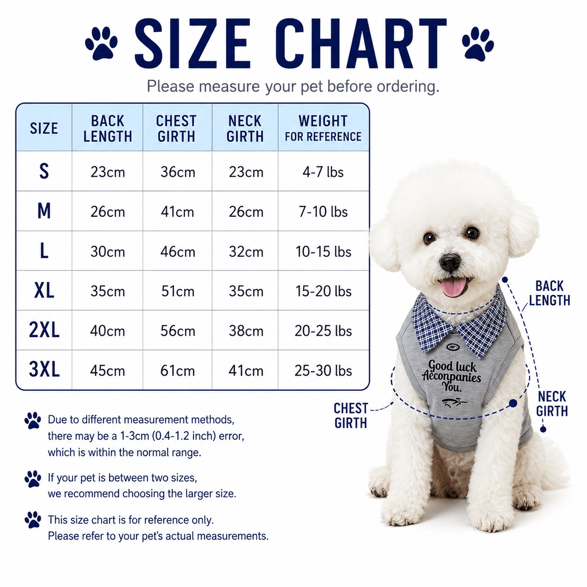 Size chart listing back length chest girth neck girth and reference weight for sizes S through 3XL