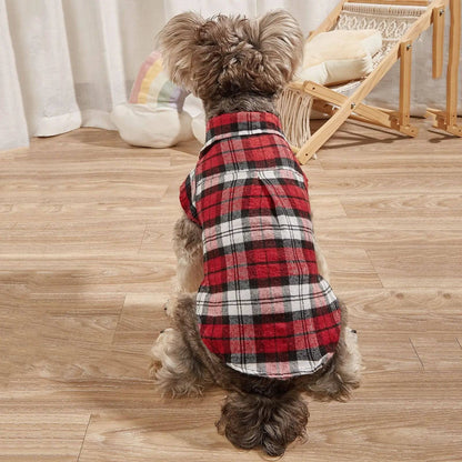 Back view of a miniature schnauzer wearing the red plaid flannel dog shirt on a wood floor.