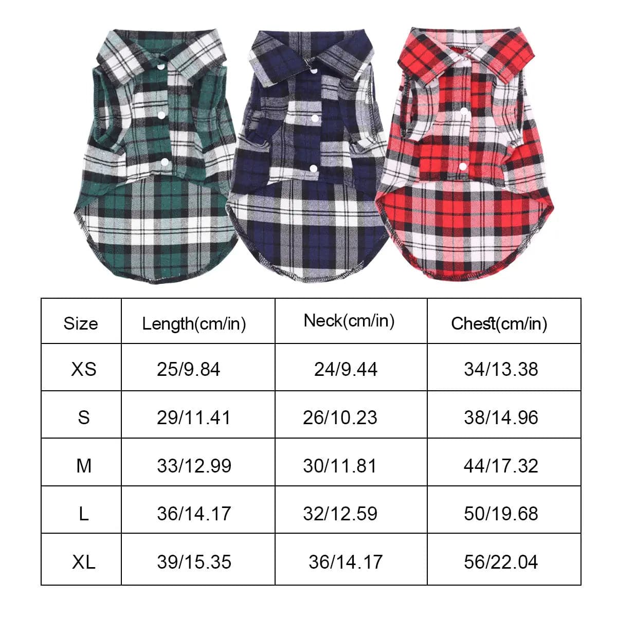 Size chart for the plaid flannel dog shirt from XS to XL with length, neck and chest in cm and inches, showing the green, blue and red shirts.