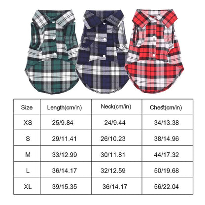 Size chart for the plaid flannel dog shirt from XS to XL with length, neck and chest in cm and inches, showing the green, blue and red shirts.