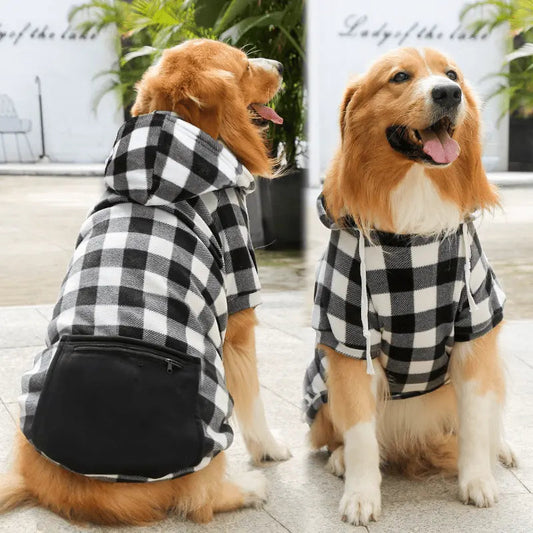 Two golden retrievers wearing the black and white plaid fleece dog hoodie, one showing the black zip pocket on the back.