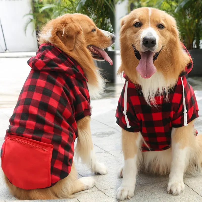 Two golden retrievers wearing the red and black plaid fleece dog hoodie with a red zip pocket.