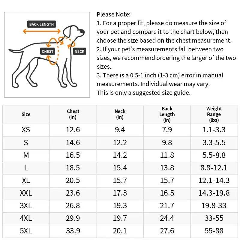 Size chart for the plaid fleece dog hoodie from XS to 5XL with chest, neck, back length and weight range, plus measuring notes.