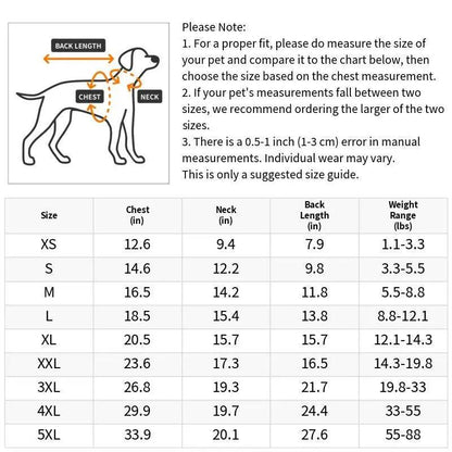 Size chart for the plaid fleece dog hoodie from XS to 5XL with chest, neck, back length and weight range, plus measuring notes.