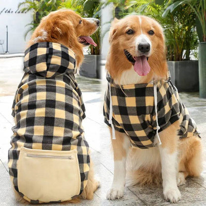 Two golden retrievers wearing the yellow and black plaid fleece dog hoodie with a cream zip pocket.