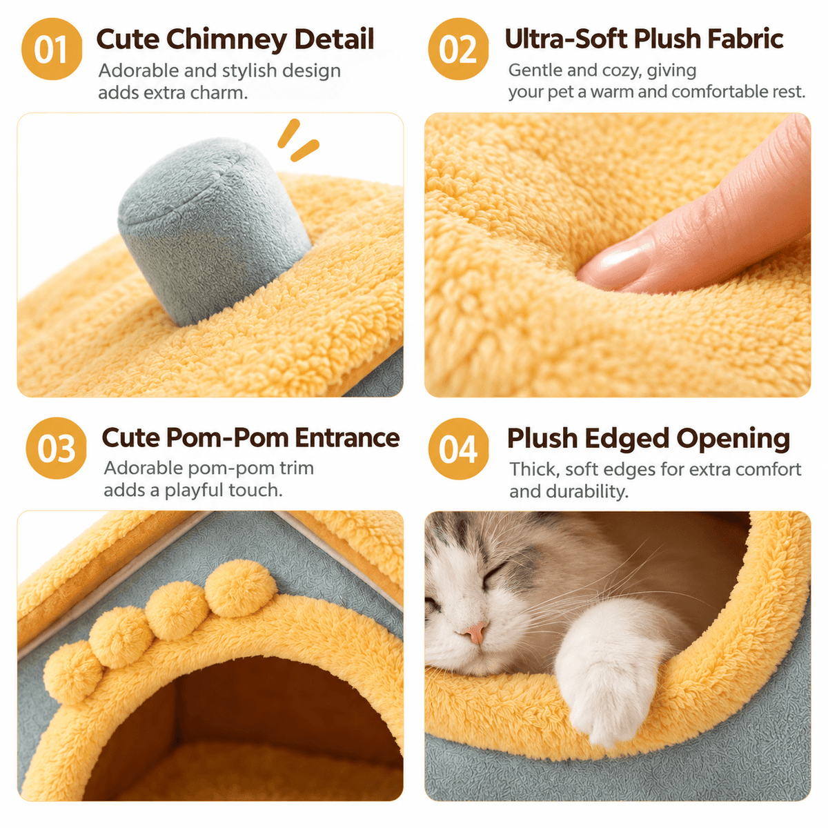 Close-ups of the plush cat house bed details: chimney, ultra-soft plush fabric, pom-pom entrance and plush edged opening.