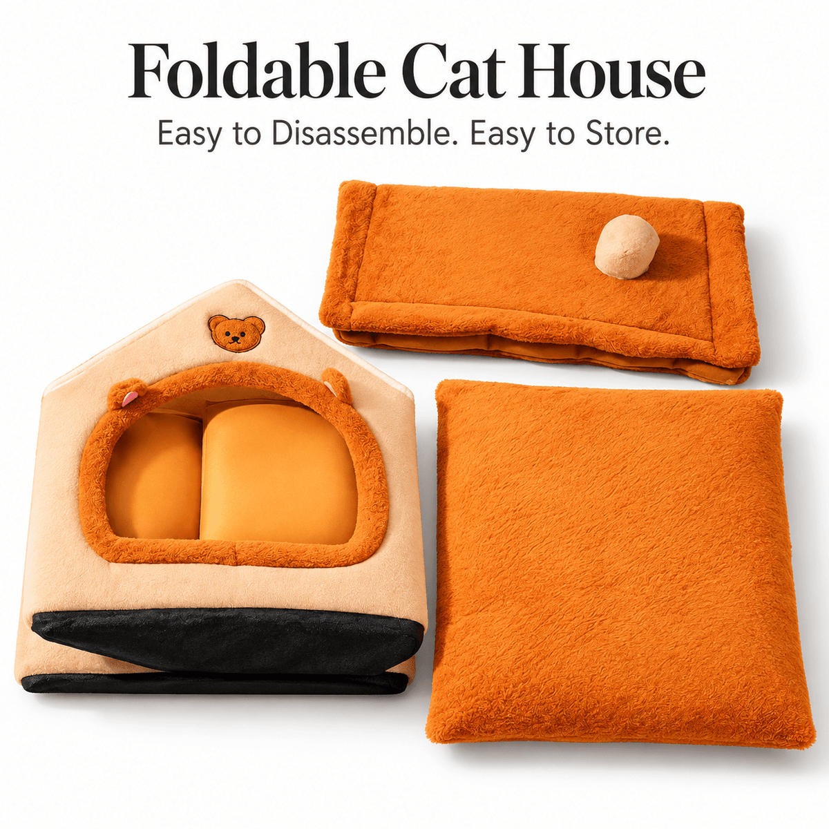 Foldable plush cat house bed taken apart into its frame, roof panel and removable washable cushion.