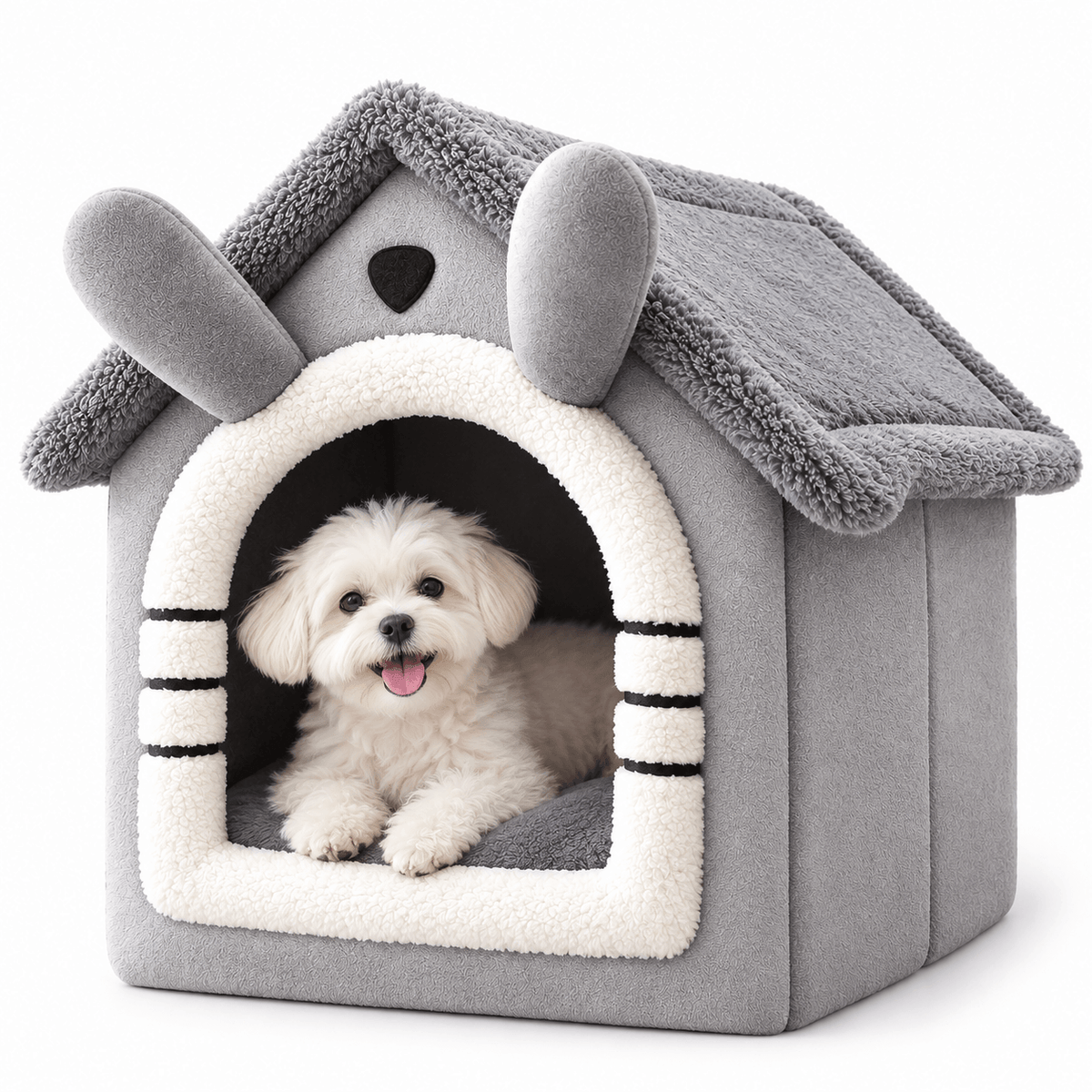 Grey plush cat house bed with bunny ear details and a small white dog resting inside.