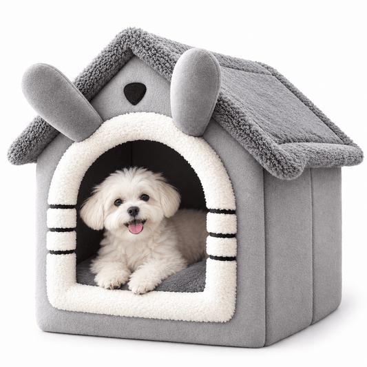 Grey plush cat house bed with bunny ear details and a small white dog resting inside.