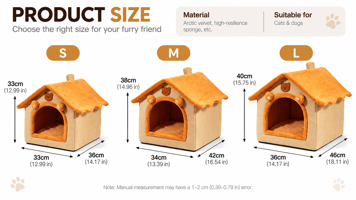 Plush cat house bed size chart: S 33 x 36 x 33 cm, M 34 x 42 x 38 cm, L 36 x 46 x 40 cm.