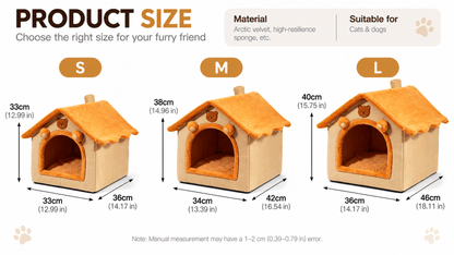 Plush cat house bed size chart: S 33 x 36 x 33 cm, M 34 x 42 x 38 cm, L 36 x 46 x 40 cm.