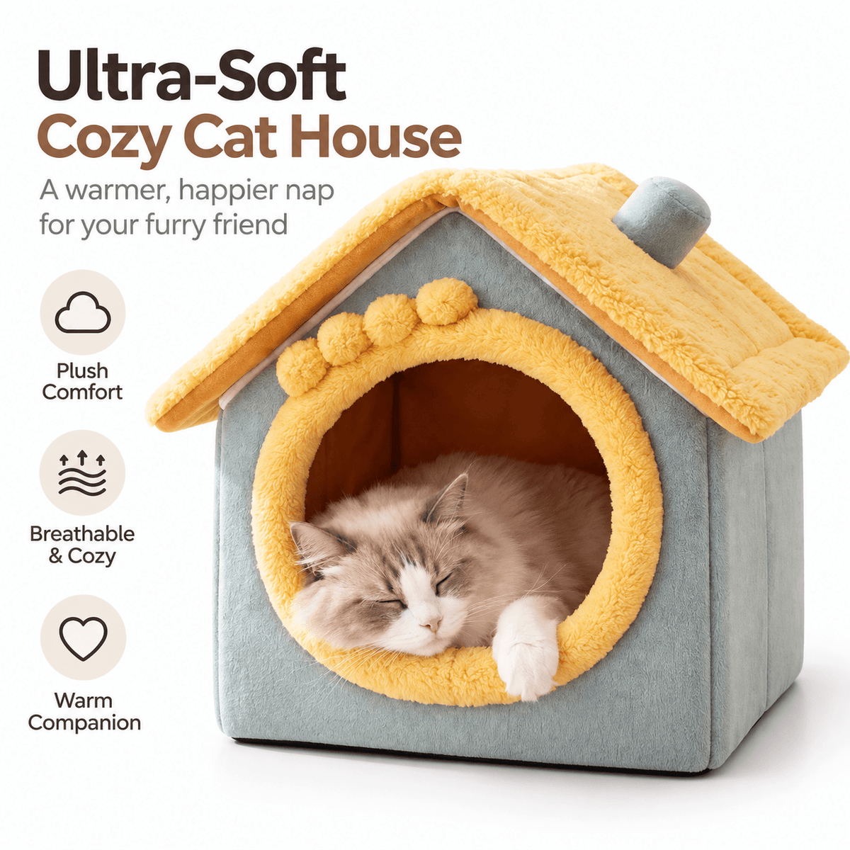 Infographic of the blue and yellow plush cat house bed with a cat napping inside, highlighting plush, breathable comfort.