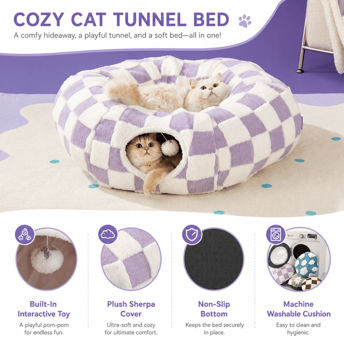 Cozy cat tunnel bed banner image with a cat in the purple check bed, described as a hideaway, a playful tunnel and a soft bed in one