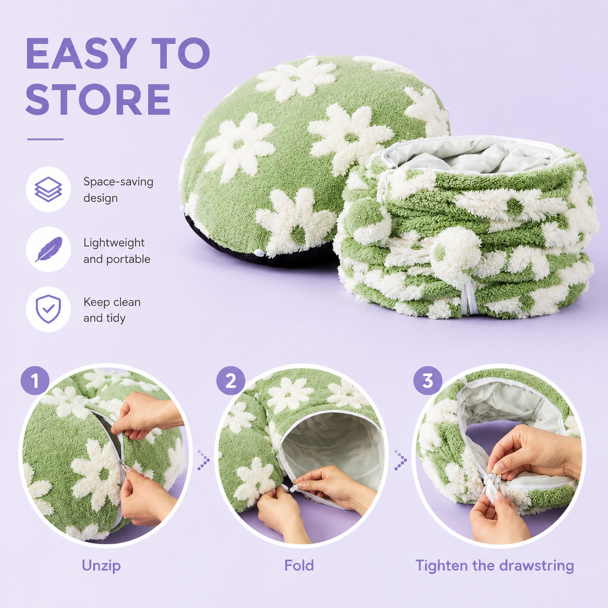 Easy to store infographic showing the three steps to pack the tunnel bed away: unzip, fold, tighten the drawstring