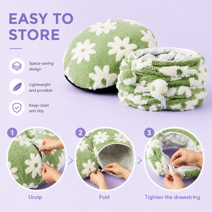 Easy to store infographic showing the three steps to pack the tunnel bed away: unzip, fold, tighten the drawstring