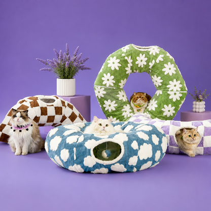 All four plush cat tunnel bed patterns together: blue cloud, purple check, green daisy and coffee check