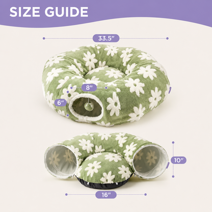 Size guide showing the bed at 33.5 inches across with an 8 by 6 inch tunnel opening, and 16 inches wide by 10 inches tall when opened out straight