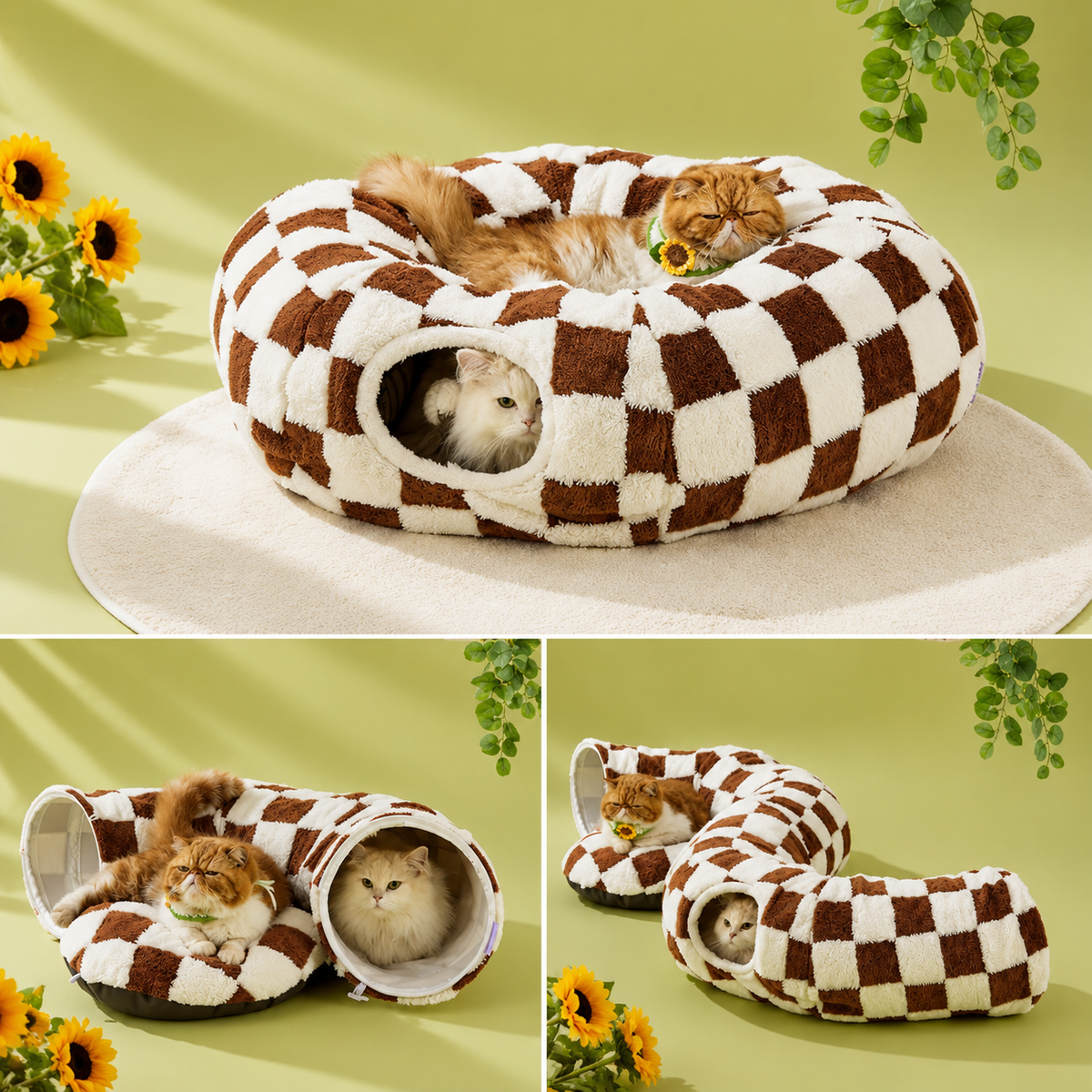 Two cats sharing the coffee check plush tunnel bed, one lying on the ring and one inside the tunnel
