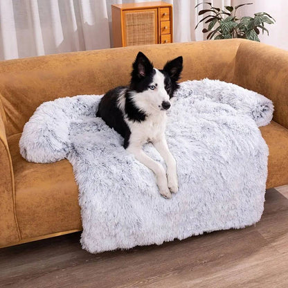 Border collie lying on the light gray plush couch bed draped over a tan sofa.